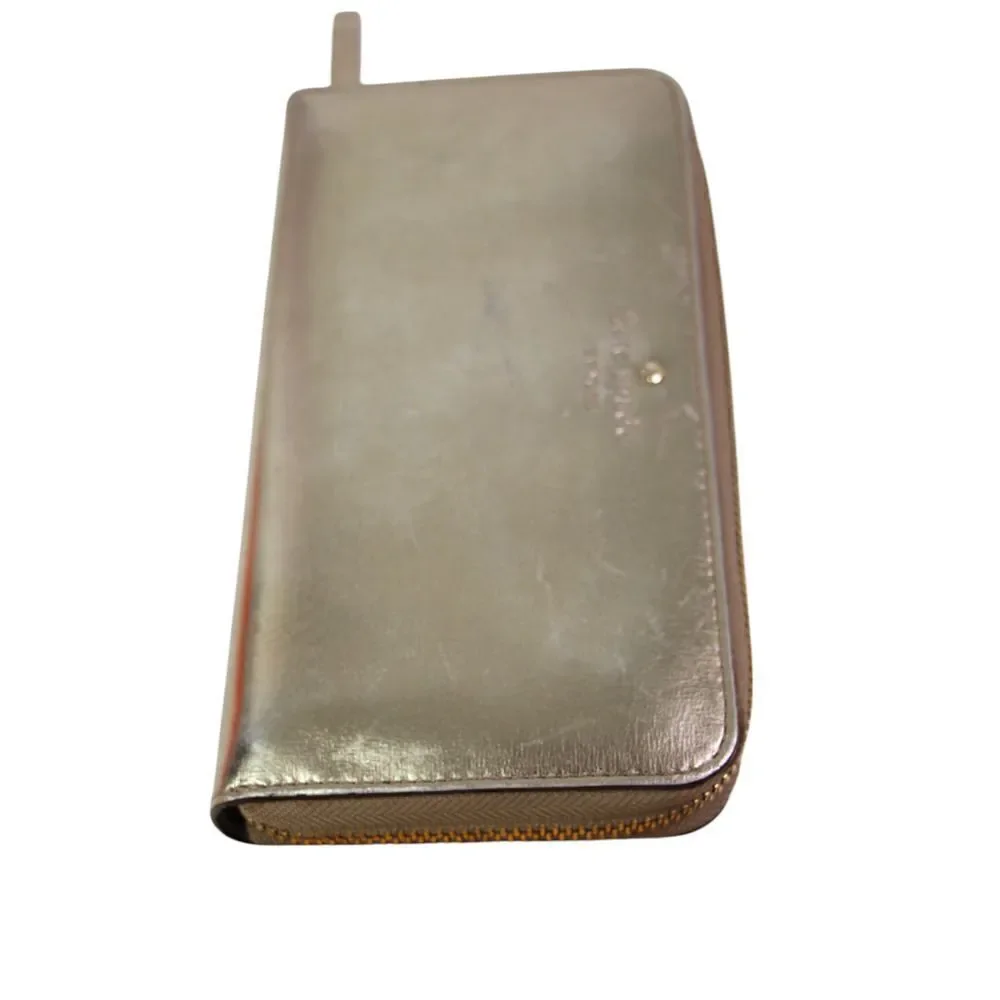 kate spade new york ANTIQUE GOLD REAL LEATHER LOGO ZIP AROUND CARD WALLET CLUTCH